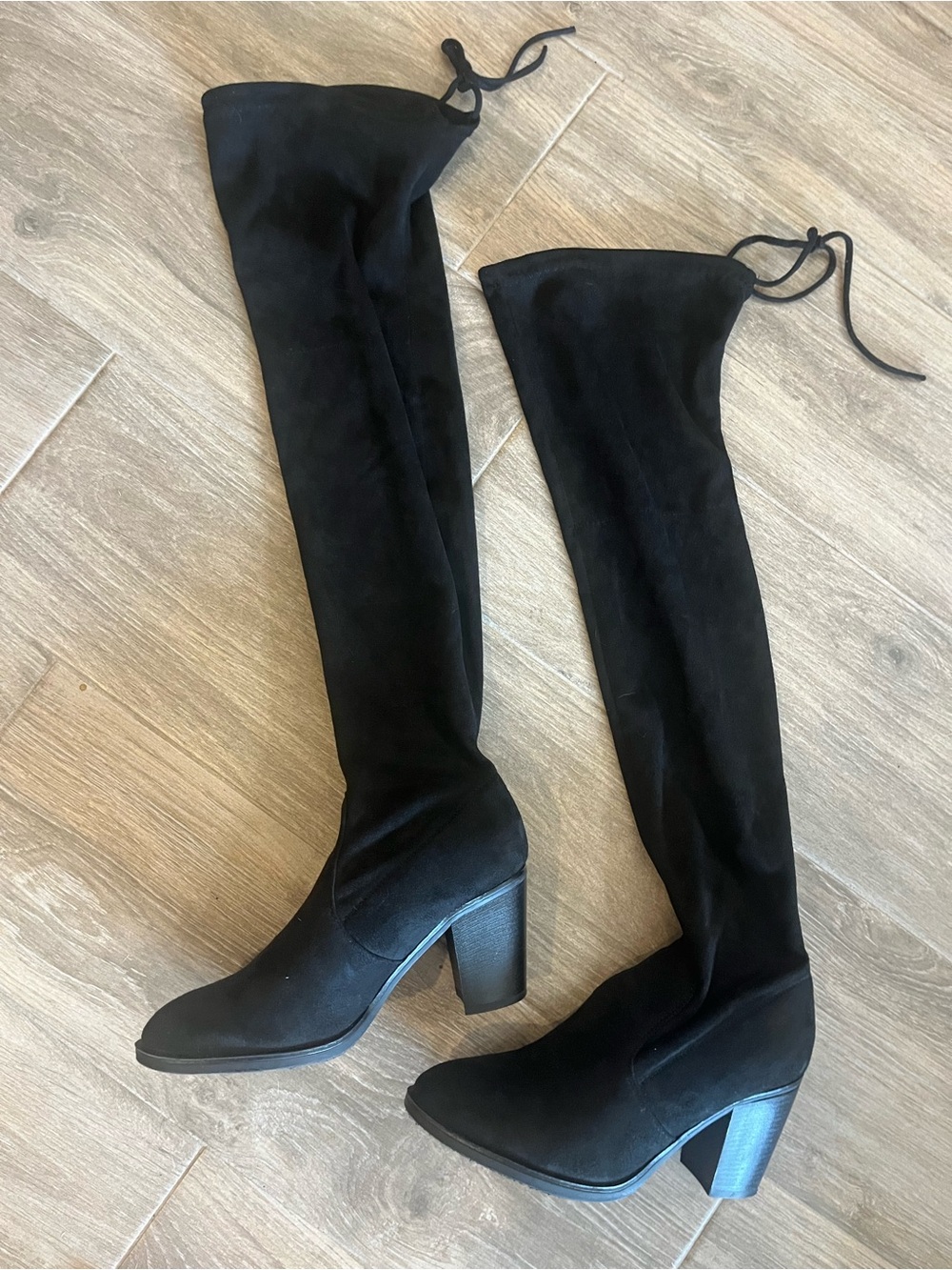 Forever 21 Black Over-The-Knee Block Heel Boots with Tie Back